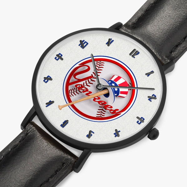 YCoin Blue Numbers Ultra-Thin Leather Strap Quartz Watch (Black With Indicators)