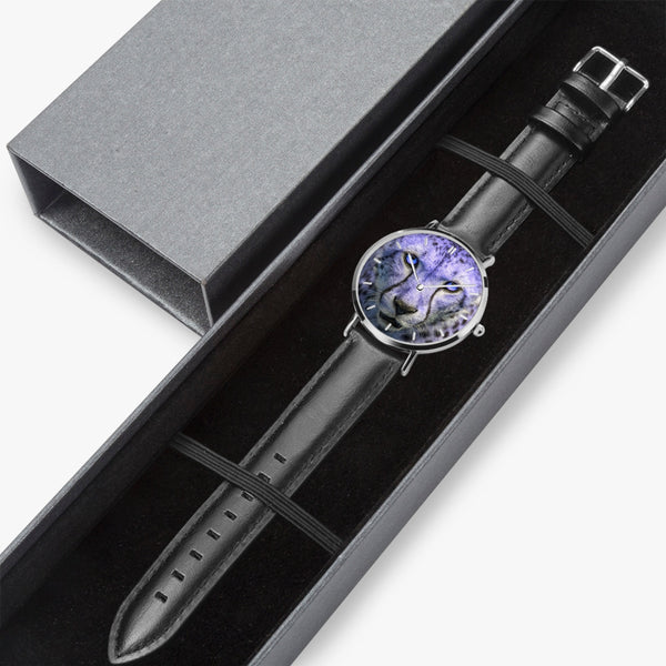 Blue Cheetah Leather Strap Quartz Watch (Silver With Indicators)