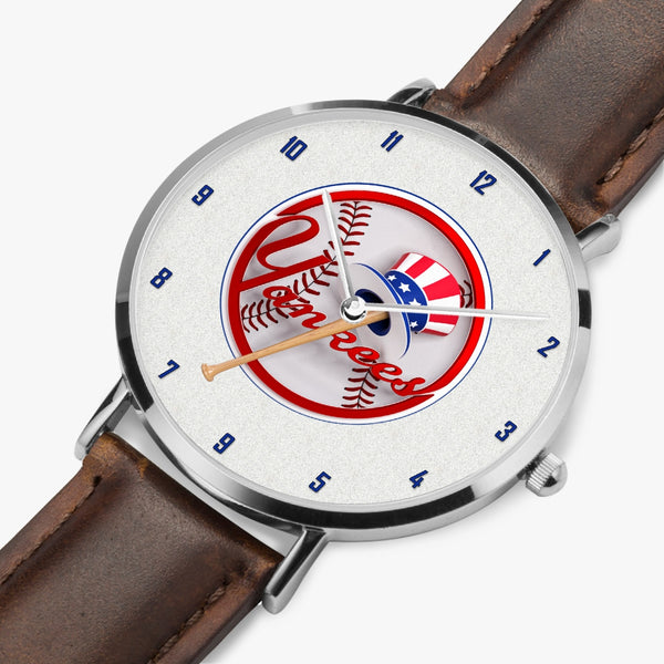 Y Coin Blue numbers Leather Strap Quartz Watch (Silver)