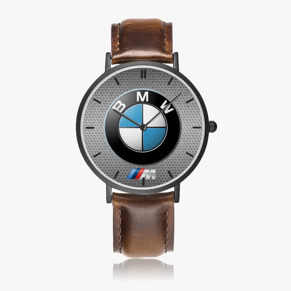 BMW Badge Hexomesh M Leather Strap Quartz Watch (Black With Indicators)
