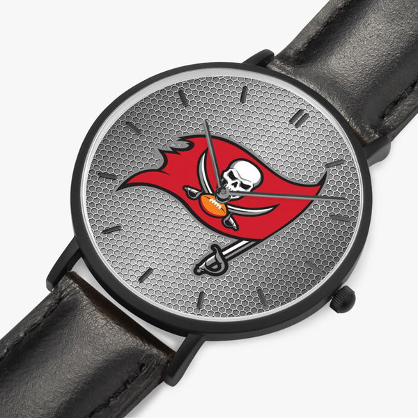 Skull Flag Hexomesh Leather Strap Quartz Watch (Black With Indicators)