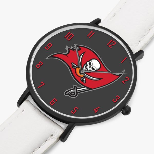 Skull Flag Red Numbers Leather Strap Quartz Watch (Black)