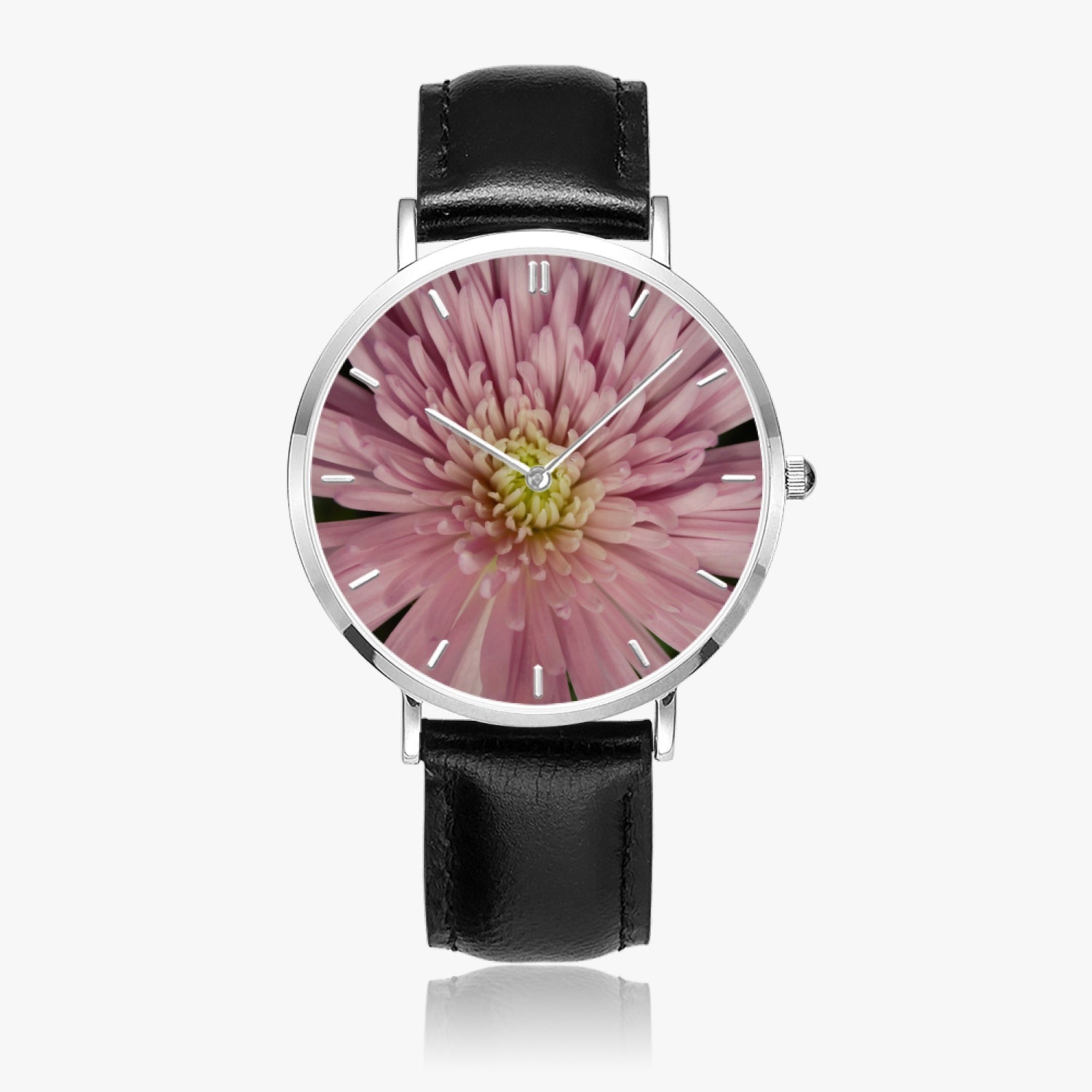 Pink Flower Leather Strap Quartz Watch (Silver With Indicators)