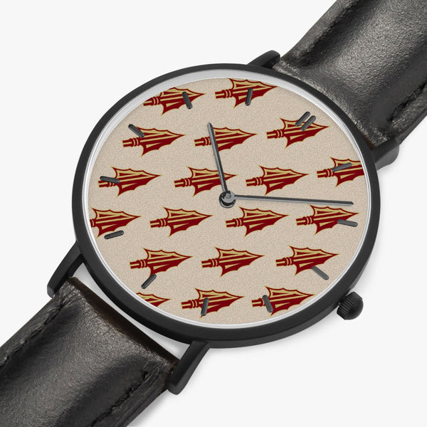 Arrowhead Print Ultra-Thin Leather Strap Quartz Watch (Black With Indicators)