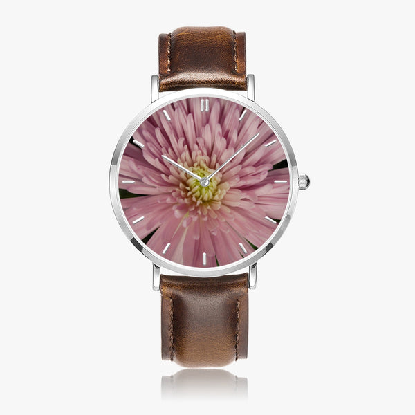 Pink Flower Leather Strap Quartz Watch (Silver With Indicators)