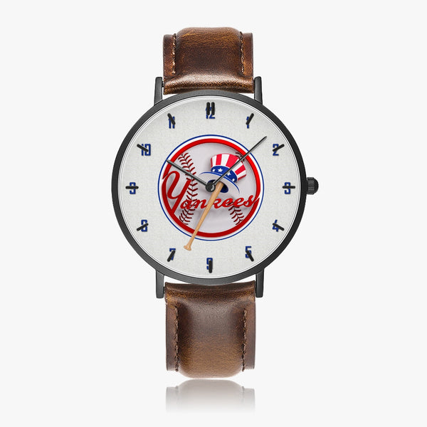 YCoin Blue Numbers Ultra-Thin Leather Strap Quartz Watch (Black With Indicators)