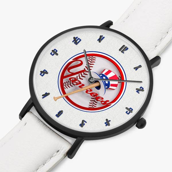 YCoin Blue Numbers Ultra-Thin Leather Strap Quartz Watch (Black With Indicators)