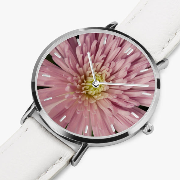 Pink Flower Leather Strap Quartz Watch (Silver With Indicators)