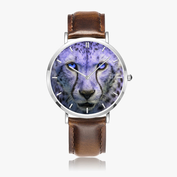Blue Cheetah Leather Strap Quartz Watch (Silver With Indicators)