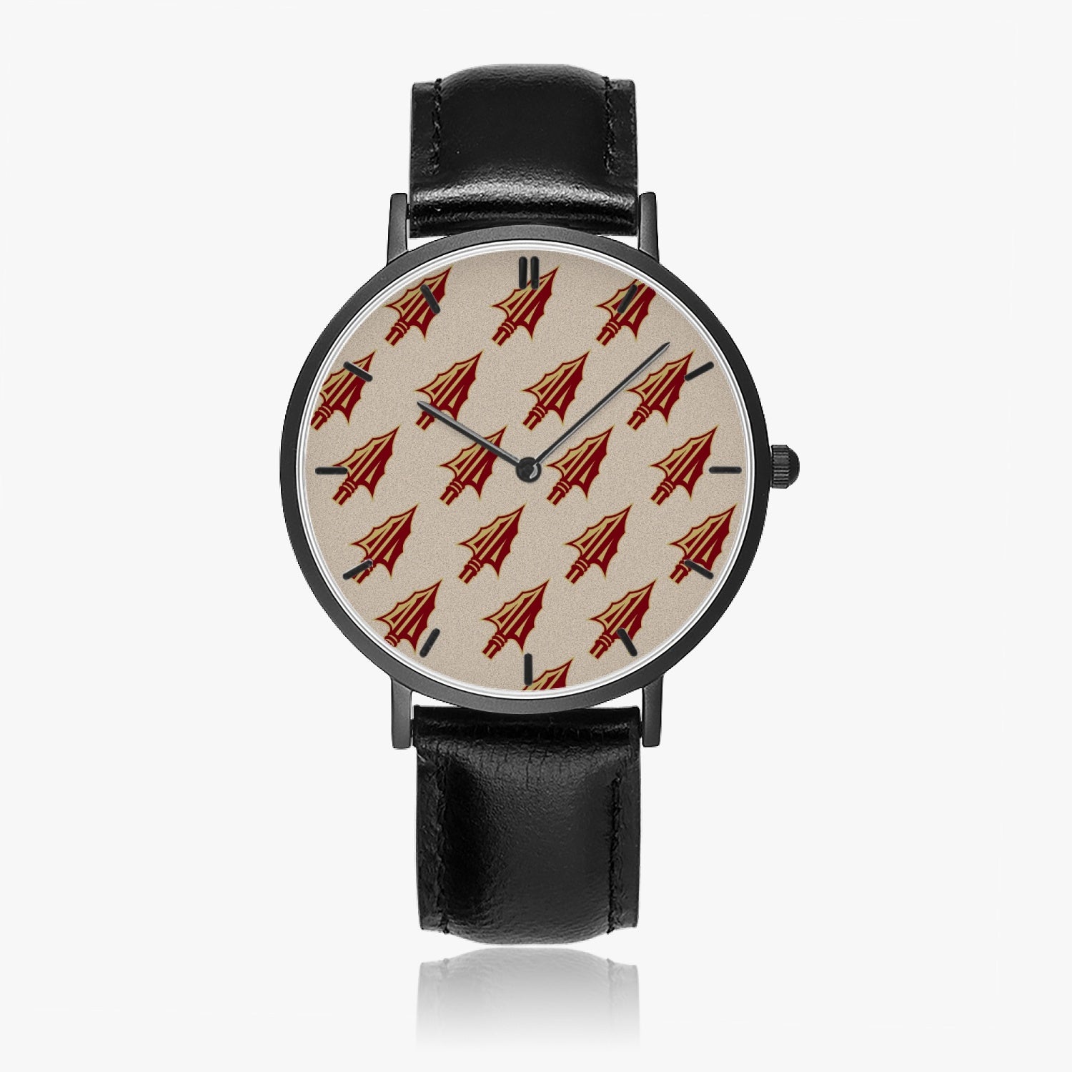 Arrowhead Print Ultra-Thin Leather Strap Quartz Watch (Black With Indicators)