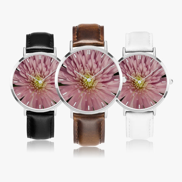 Pink Flower Leather Strap Quartz Watch (Silver With Indicators)