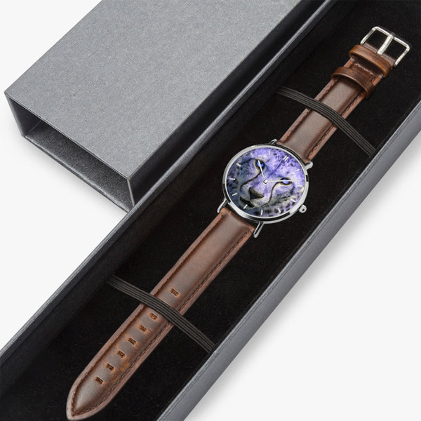 Blue Cheetah Leather Strap Quartz Watch (Silver With Indicators)