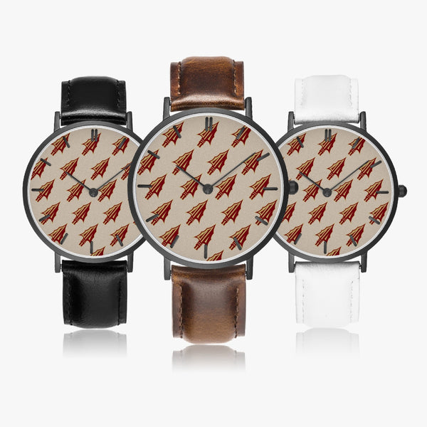 Arrowhead Print Ultra-Thin Leather Strap Quartz Watch (Black With Indicators)