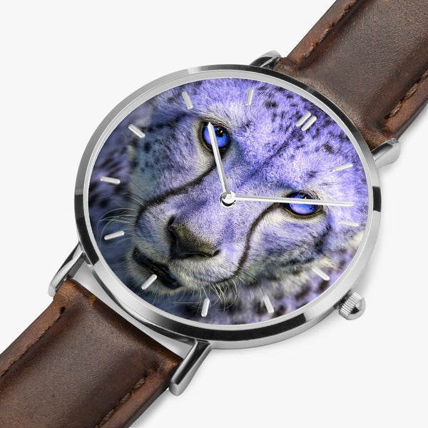 Blue Cheetah Leather Strap Quartz Watch (Silver With Indicators)