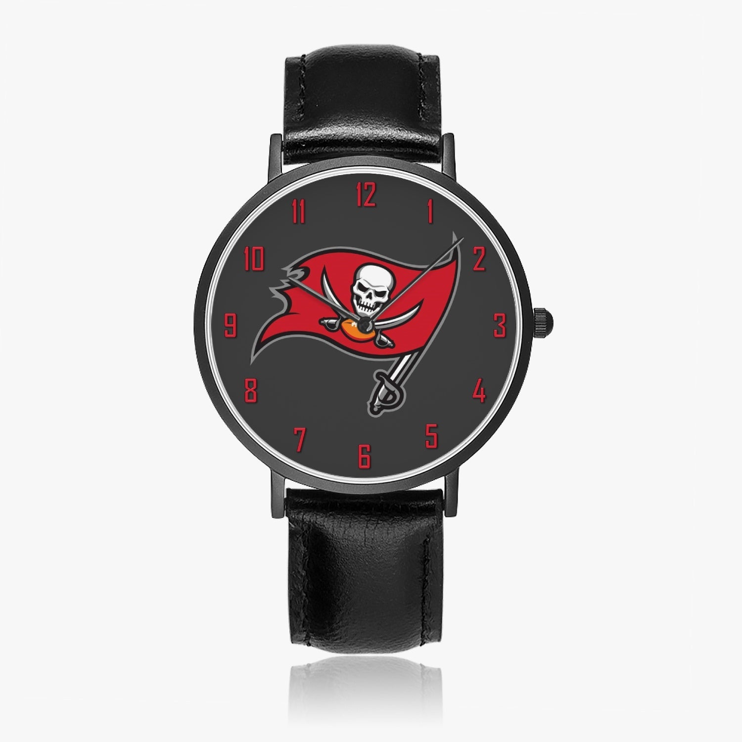 Skull Flag Red Numbers Leather Strap Quartz Watch (Black)