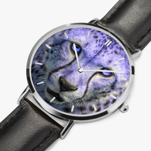 Blue Cheetah Leather Strap Quartz Watch (Silver With Indicators)