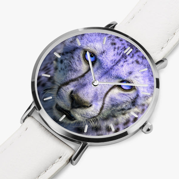 Blue Cheetah Leather Strap Quartz Watch (Silver With Indicators)
