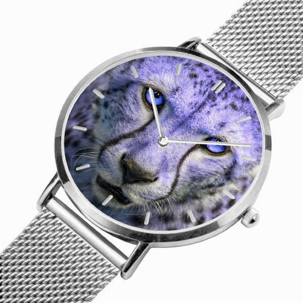 Blue Cheetah Leather Strap Quartz Watch (Silver With Indicators)