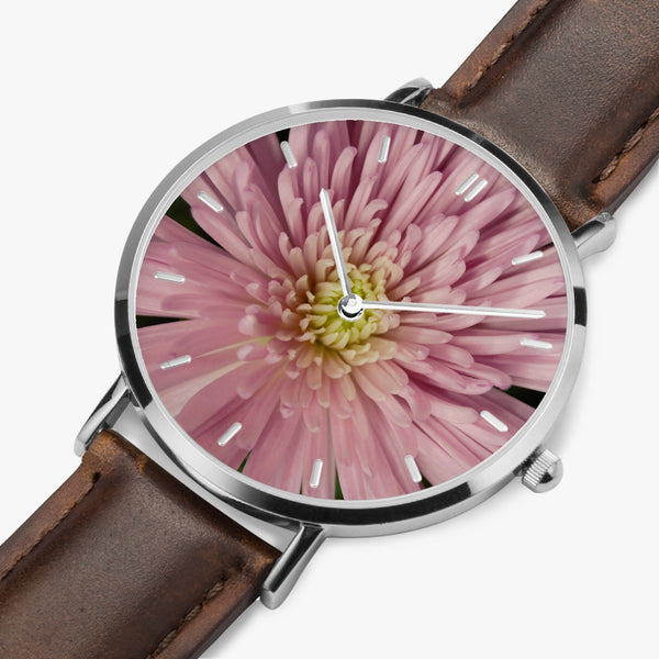 Pink Flower Leather Strap Quartz Watch (Silver With Indicators)