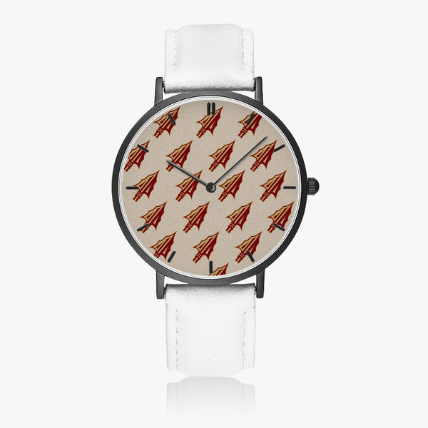 Arrowhead Print Ultra-Thin Leather Strap Quartz Watch (Black With Indicators)