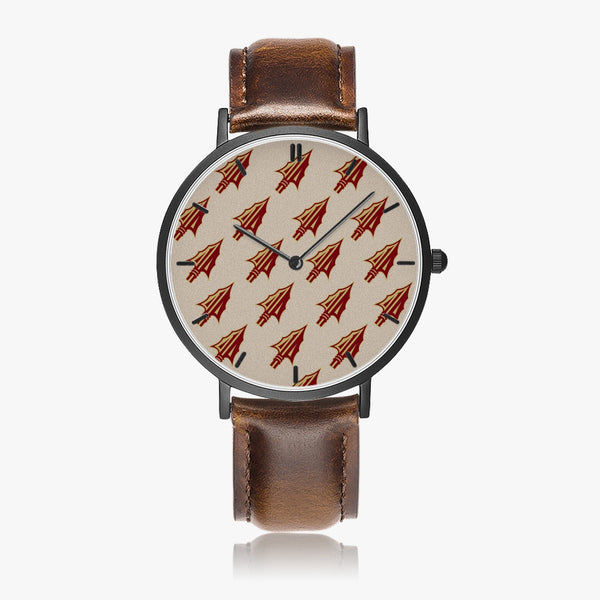 Arrowhead Print Ultra-Thin Leather Strap Quartz Watch (Black With Indicators)