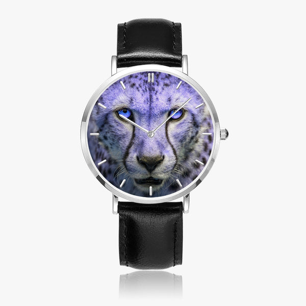 Blue Cheetah Leather Strap Quartz Watch (Silver With Indicators)