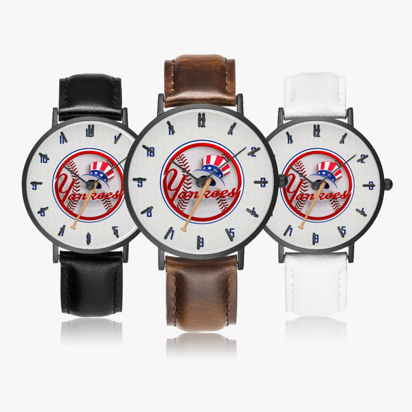 YCoin Blue Numbers Ultra-Thin Leather Strap Quartz Watch (Black With Indicators)