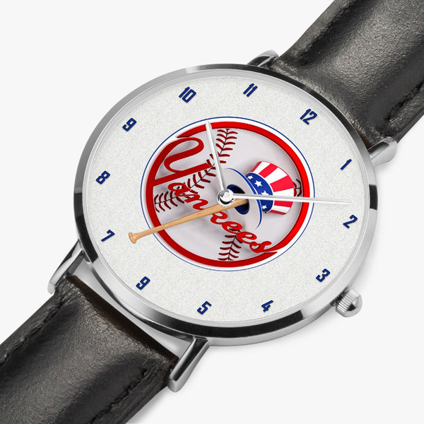 Y Coin Blue numbers Leather Strap Quartz Watch (Silver)