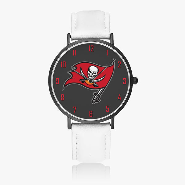 Skull Flag Red Numbers Leather Strap Quartz Watch (Black)