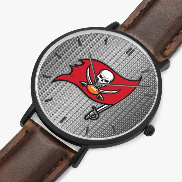 Skull Flag Hexomesh Leather Strap Quartz Watch (Black With Indicators)