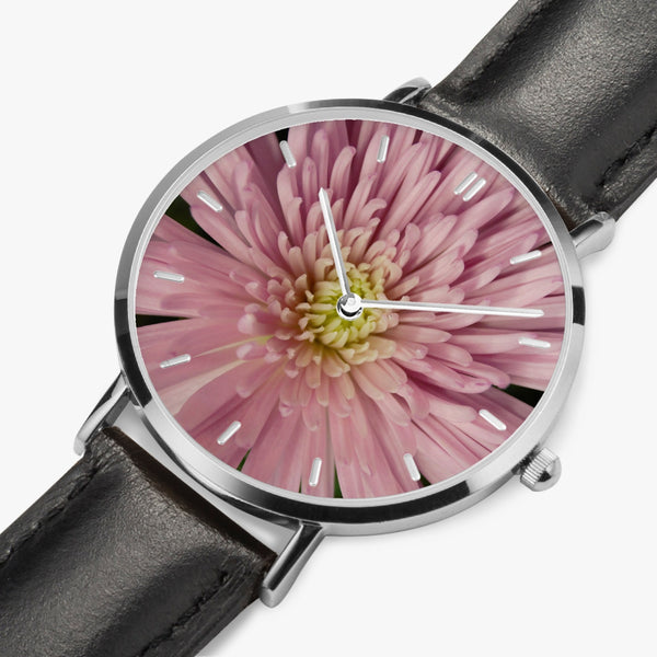 Pink Flower Leather Strap Quartz Watch (Silver With Indicators)