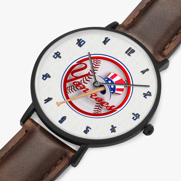 YCoin Blue Numbers Ultra-Thin Leather Strap Quartz Watch (Black With Indicators)