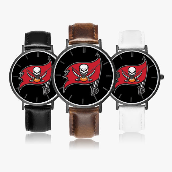 Bucs Skull Flag Leather Strap Quartz Watch