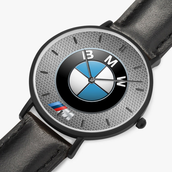 BMW Badge Hexomesh M Leather Strap Quartz Watch (Black With Indicators)