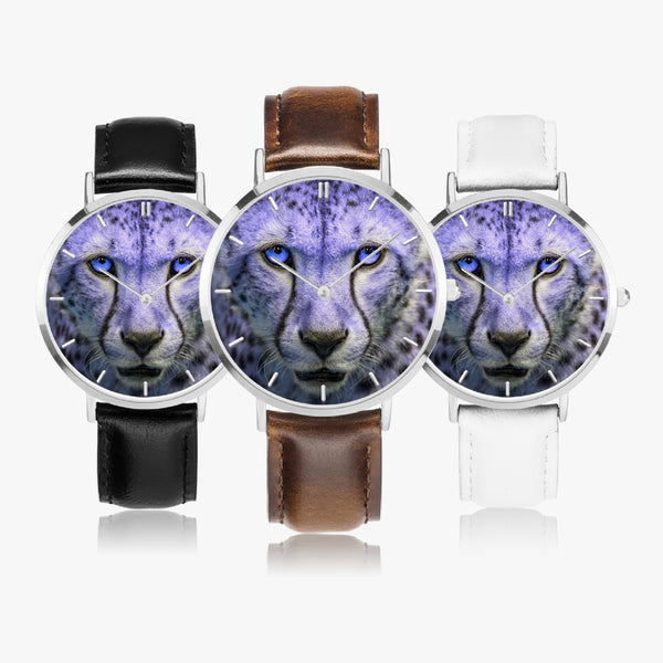 Blue Cheetah Leather Strap Quartz Watch (Silver With Indicators)