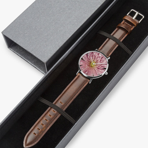 Pink Flower Leather Strap Quartz Watch (Silver With Indicators)