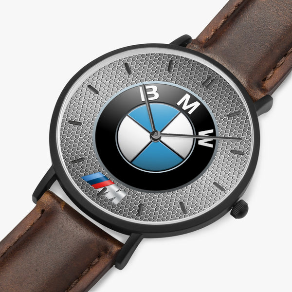 BMW Badge Hexomesh M Leather Strap Quartz Watch (Black With Indicators)