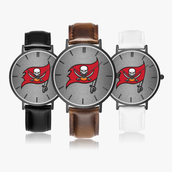 Skull Flag Hexomesh Leather Strap Quartz Watch (Black With Indicators)
