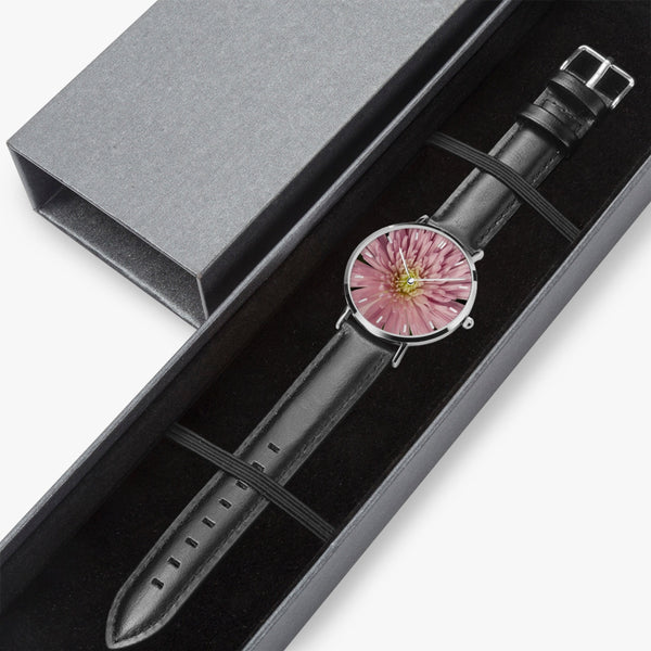 Pink Flower Leather Strap Quartz Watch (Silver With Indicators)