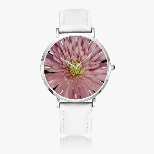 Pink Flower Leather Strap Quartz Watch (Silver With Indicators)