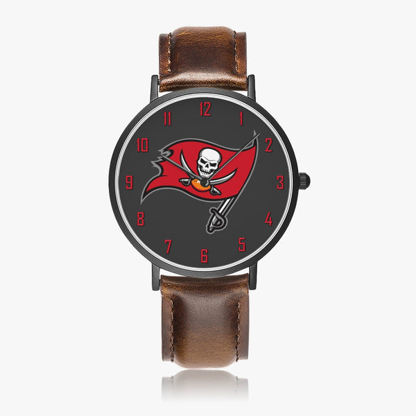 Skull Flag Red Numbers Leather Strap Quartz Watch (Black)