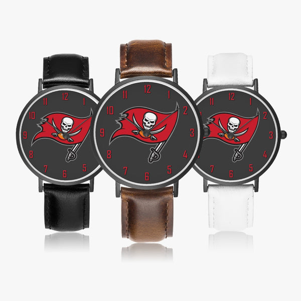 Skull Flag Red Numbers Leather Strap Quartz Watch (Black)