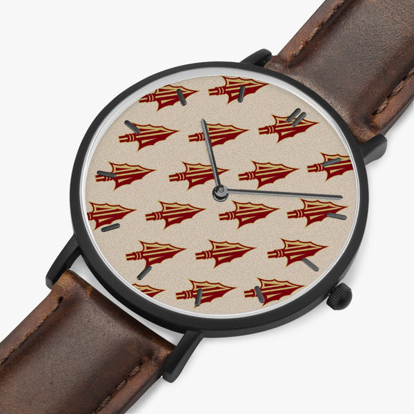 Arrowhead Print Ultra-Thin Leather Strap Quartz Watch (Black With Indicators)