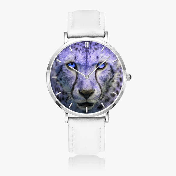 Blue Cheetah Leather Strap Quartz Watch (Silver With Indicators)