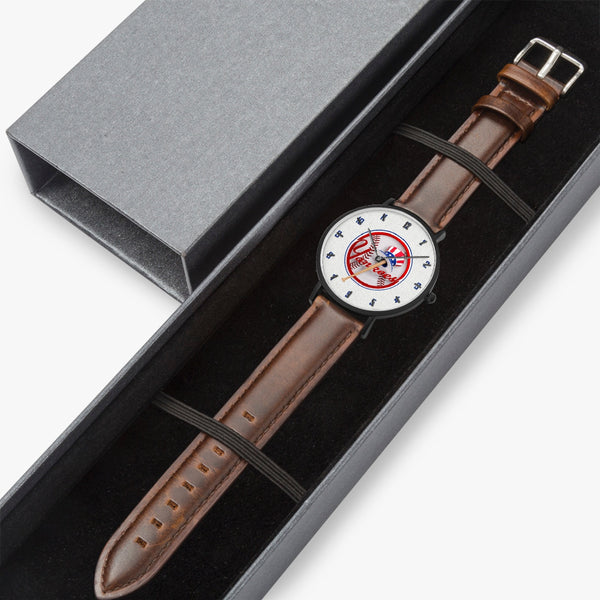 YCoin Blue Numbers Ultra-Thin Leather Strap Quartz Watch (Black With Indicators)